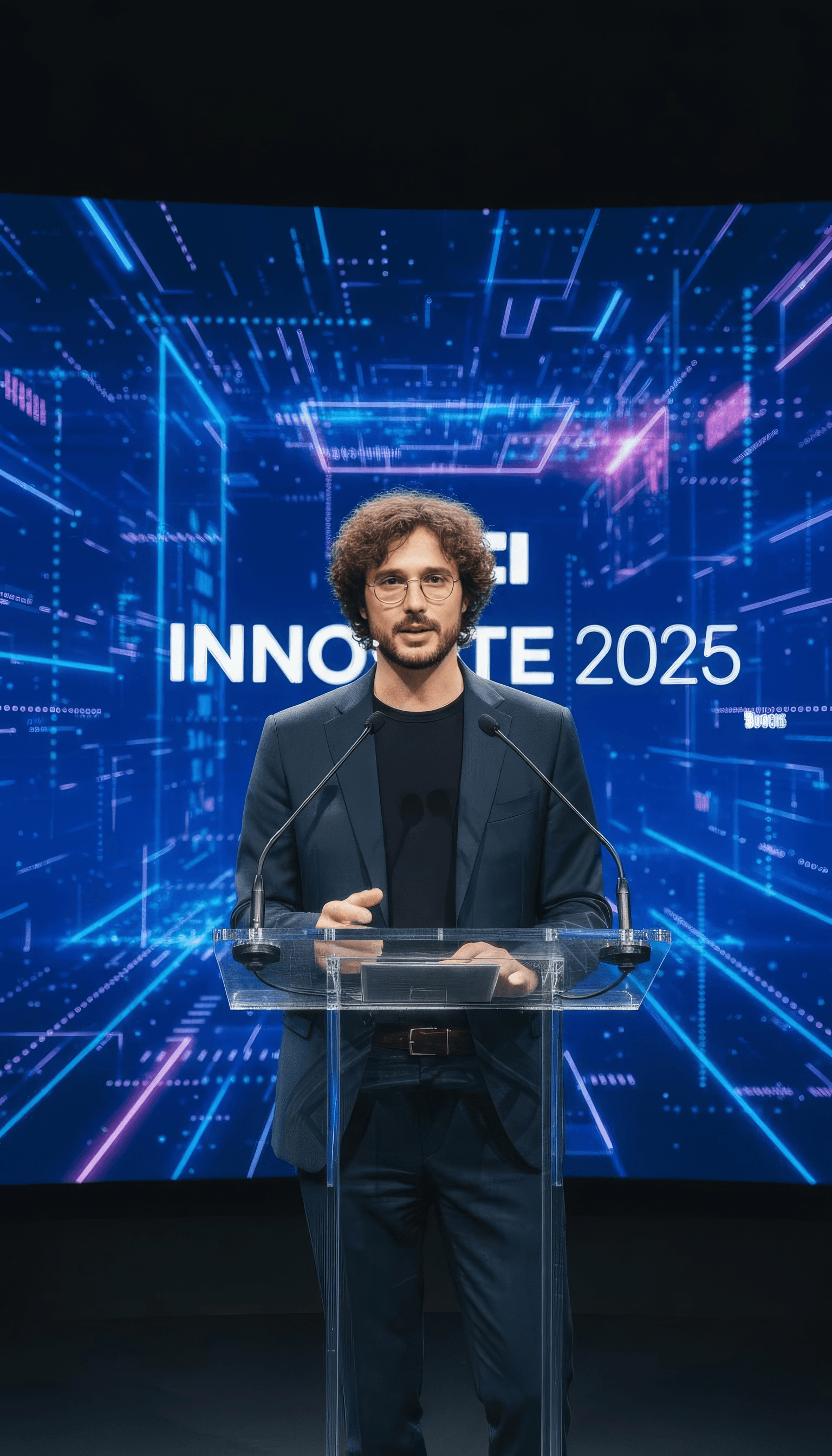 Business presenter explaining product features on stage